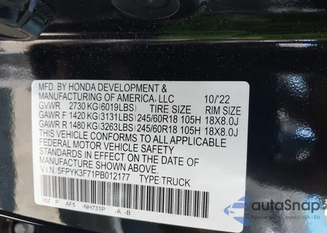 2023 Honda Ridgeline Rtl-E z USA, uszkodzony, nr VIN 5FPYK3F71PB012177